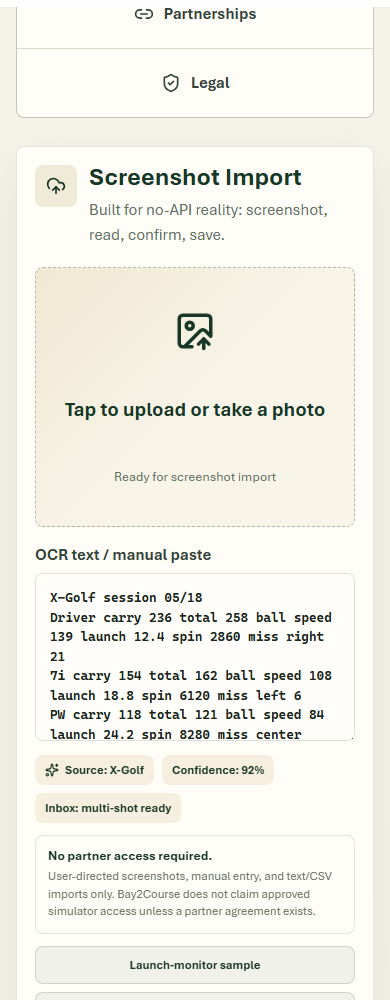 Bay2Course Screenshot Import screen with upload, OCR text, and review status