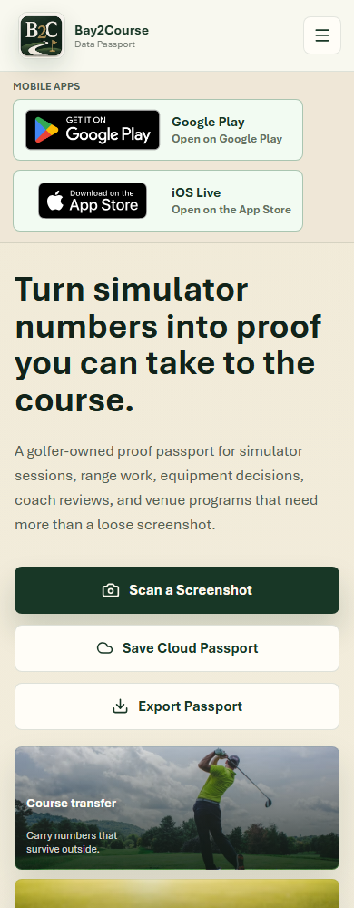Bay2Course mobile app showing mobile app links, simulator-to-course workflow, and product actions