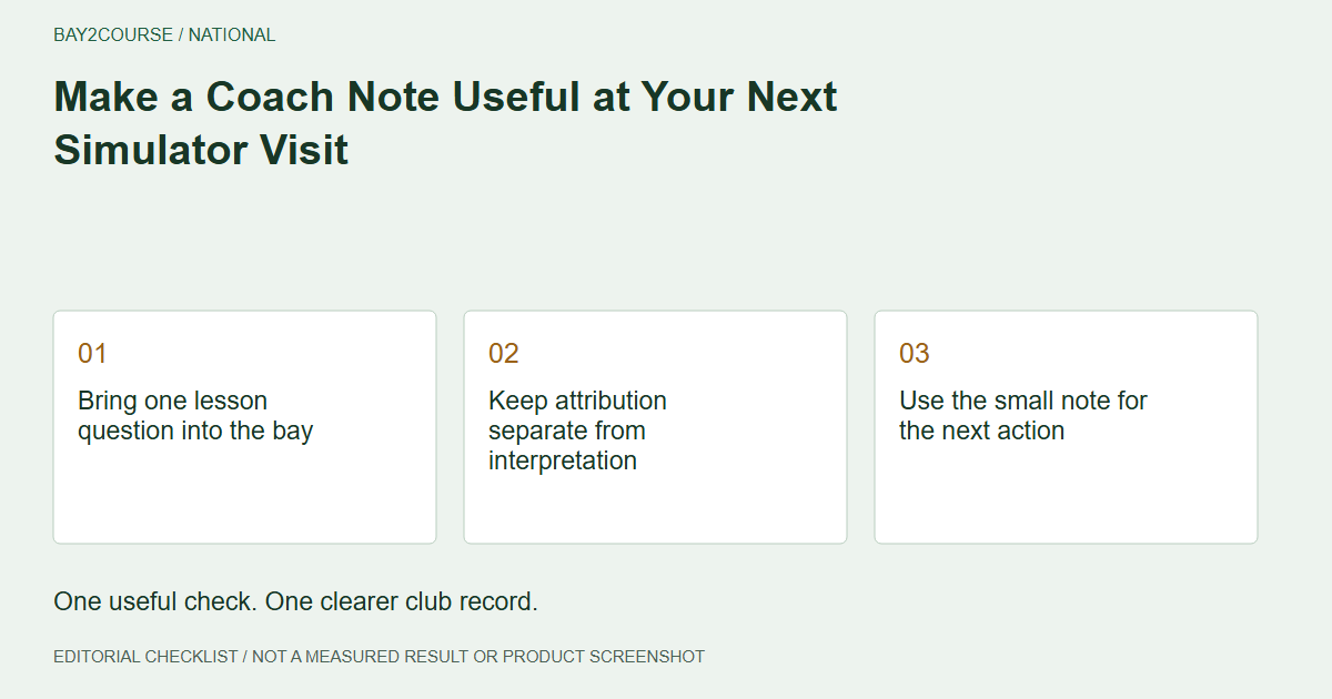 Make a Coach Note Useful at Your Next Simulator Visit: Bring one lesson question into the bay; Keep attribution separate from interpretation; Use the small note for the next action. Editorial recording checklist.