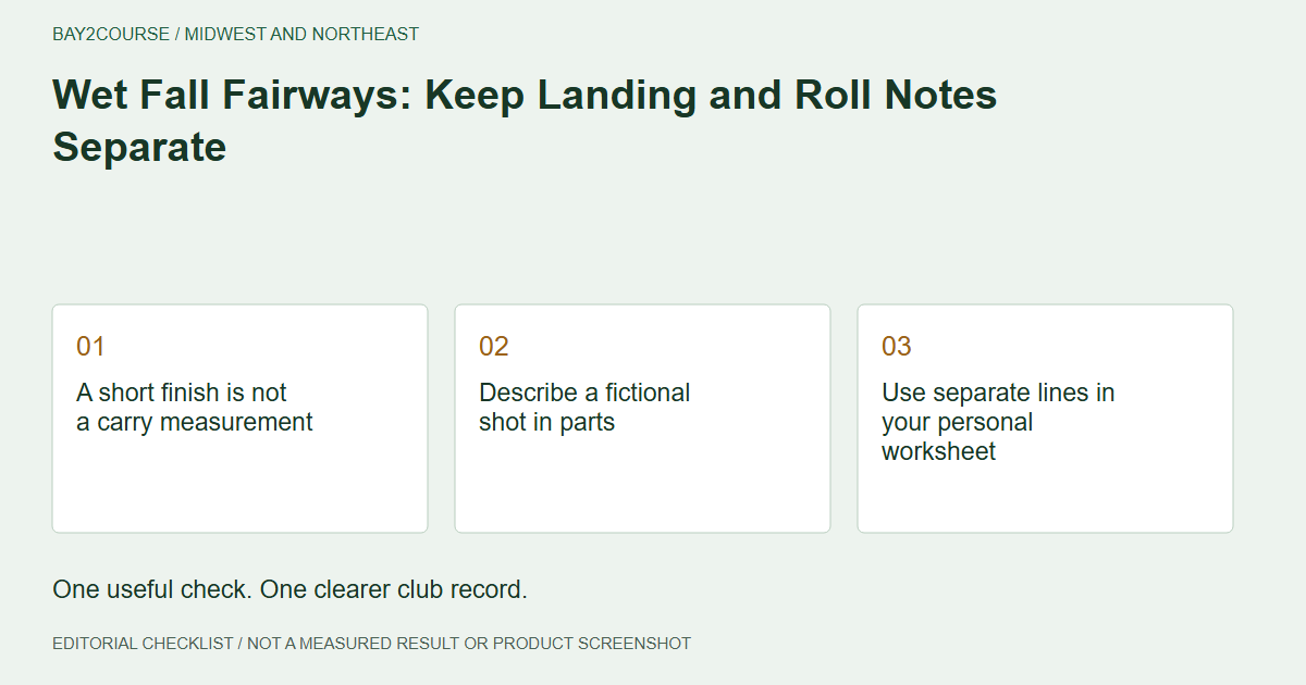 Wet Fall Fairways: Keep Landing and Roll Notes Separate: A short finish is not a carry measurement; Describe a fictional shot in parts; Use separate lines in your personal worksheet. Editorial recording checklist.